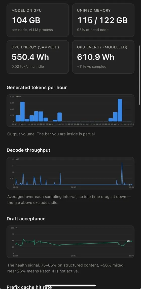 Performance dashboard: memory, GPU energy sampled versus modelled, tokens per hour, decode throughput and draft acceptance.
